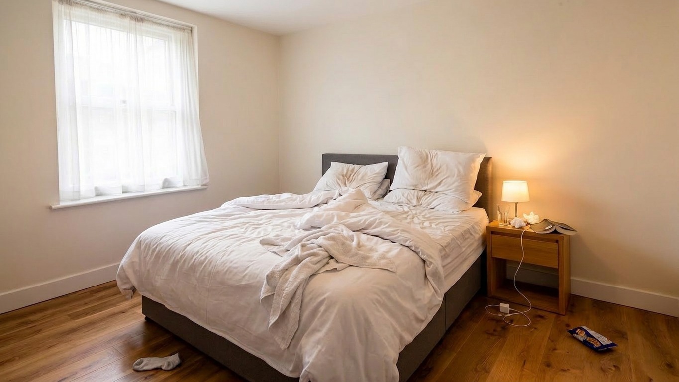 Airbnb bedroom before cleaning